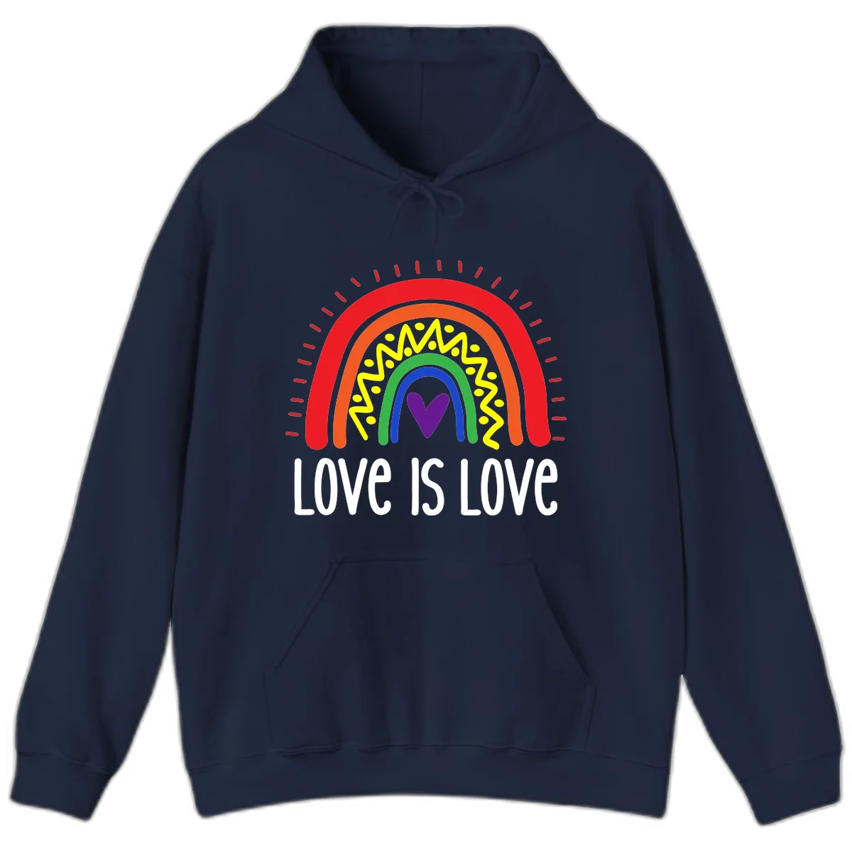Colorful concentric rainbow arcs with purple heart center, yellow lightning and dots, red rays, and 'Love Is Love' text in Navy