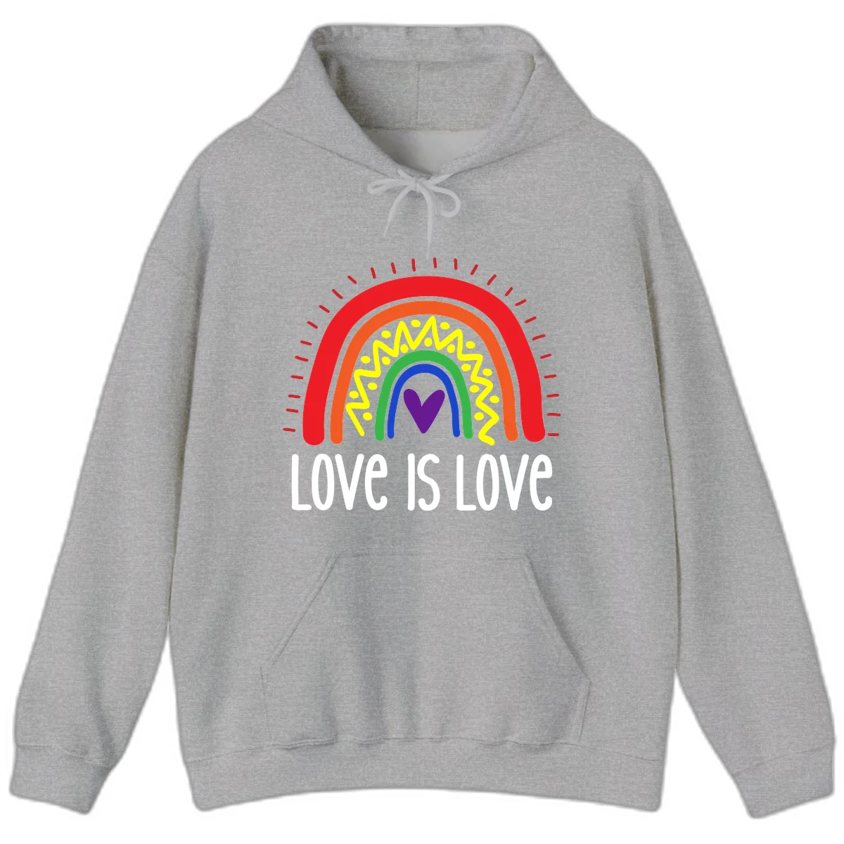 Colorful concentric rainbow arcs with purple heart center, yellow lightning and dots, red rays, and 'Love Is Love' text in Sport Grey