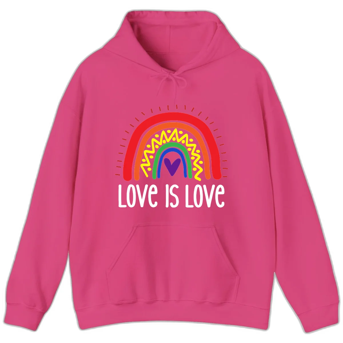 Colorful concentric rainbow arcs with purple heart center, yellow lightning and dots, red rays, and 'Love Is Love' text in Heliconia