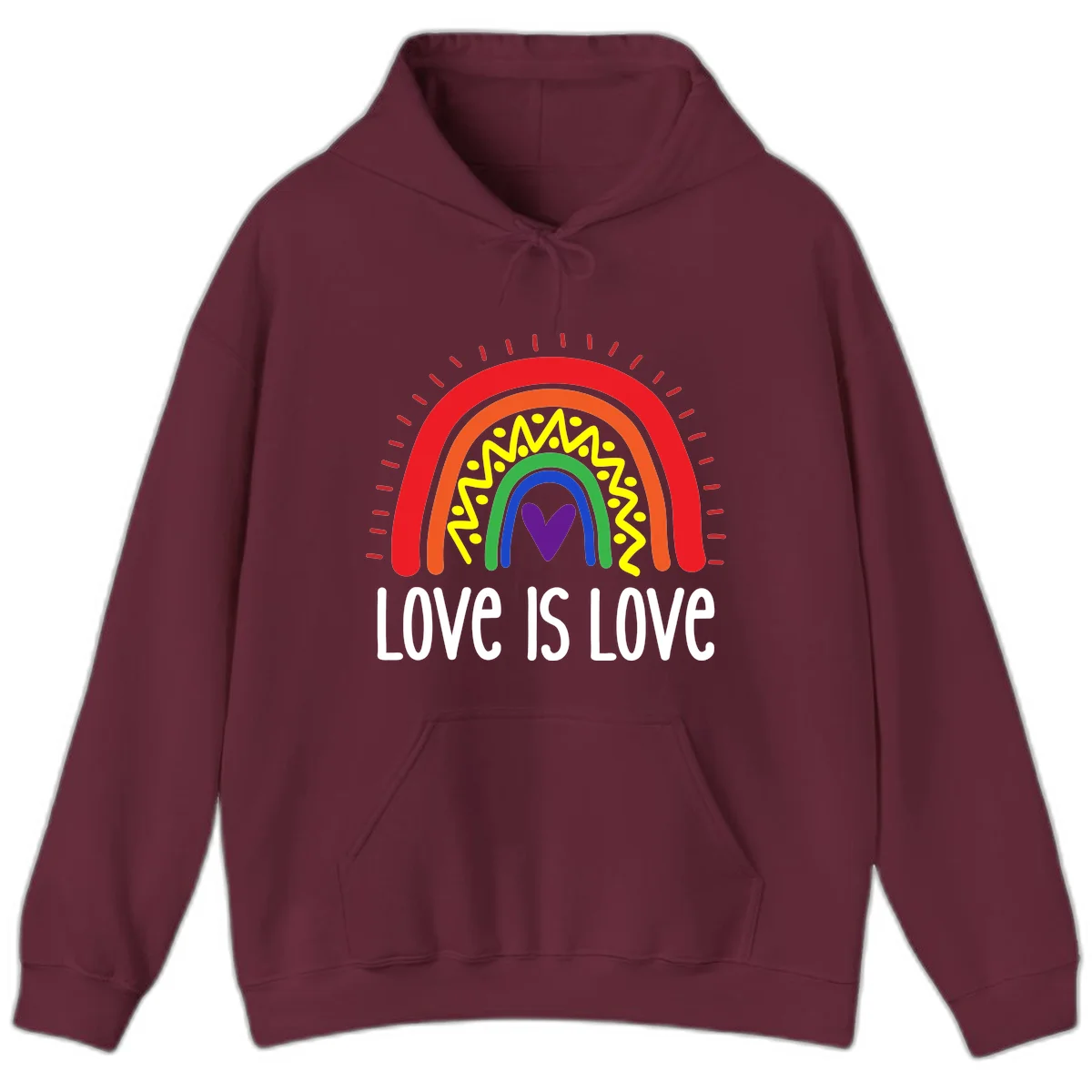 Colorful concentric rainbow arcs with purple heart center, yellow lightning and dots, red rays, and 'Love Is Love' text in Maroon