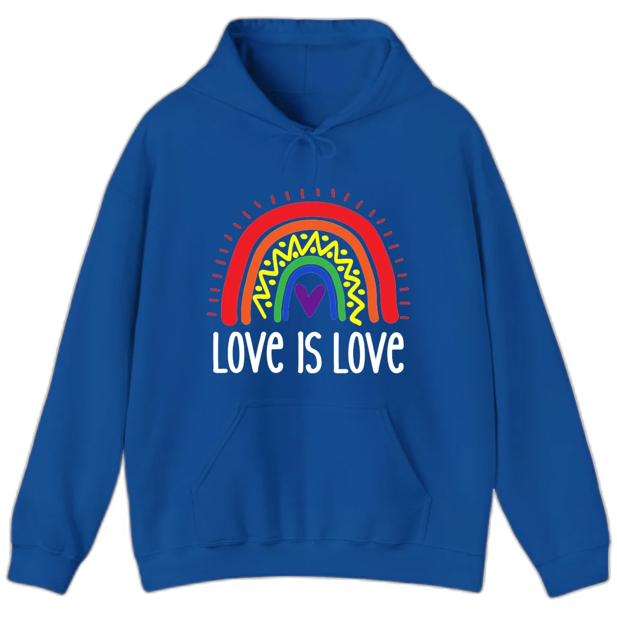 Colorful concentric rainbow arcs with purple heart center, yellow lightning and dots, red rays, and 'Love Is Love' text in Royal