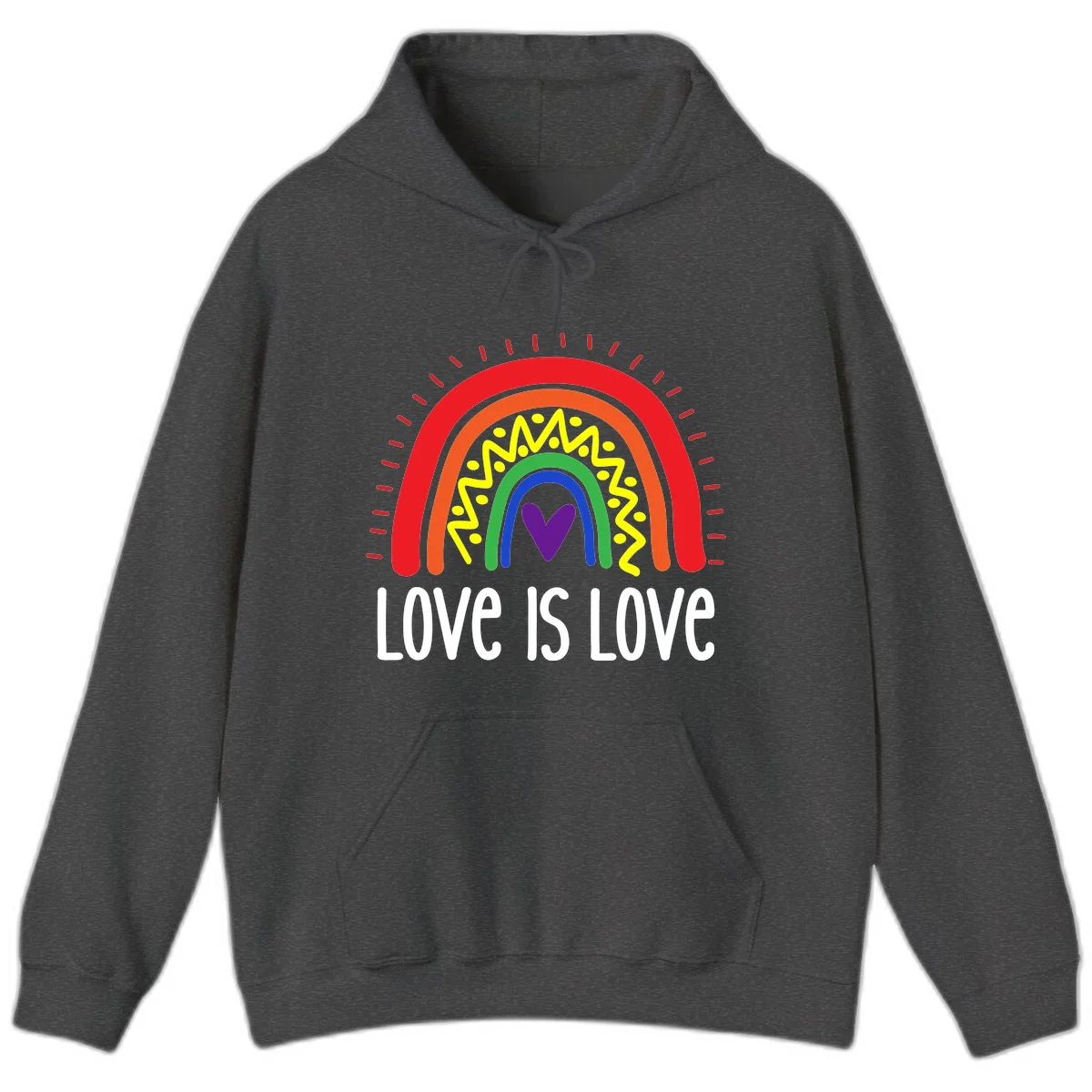Colorful concentric rainbow arcs with purple heart center, yellow lightning and dots, red rays, and 'Love Is Love' text in Dark Heather