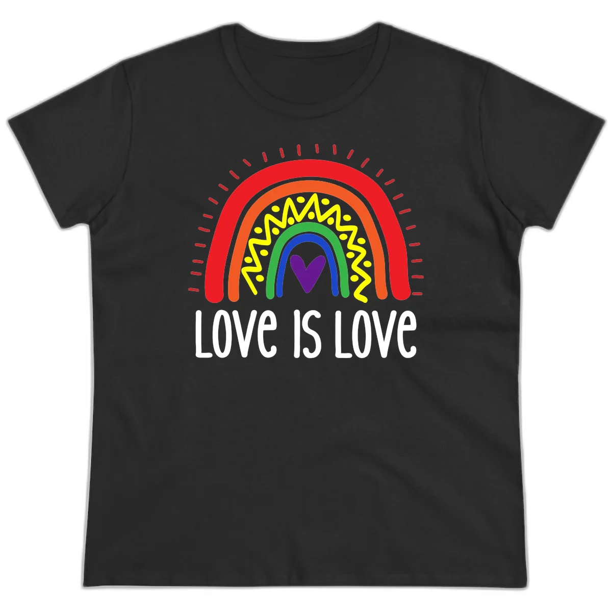 Colorful concentric rainbow arcs with purple heart center, yellow lightning and dots, red rays, and 'Love Is Love' text in Black