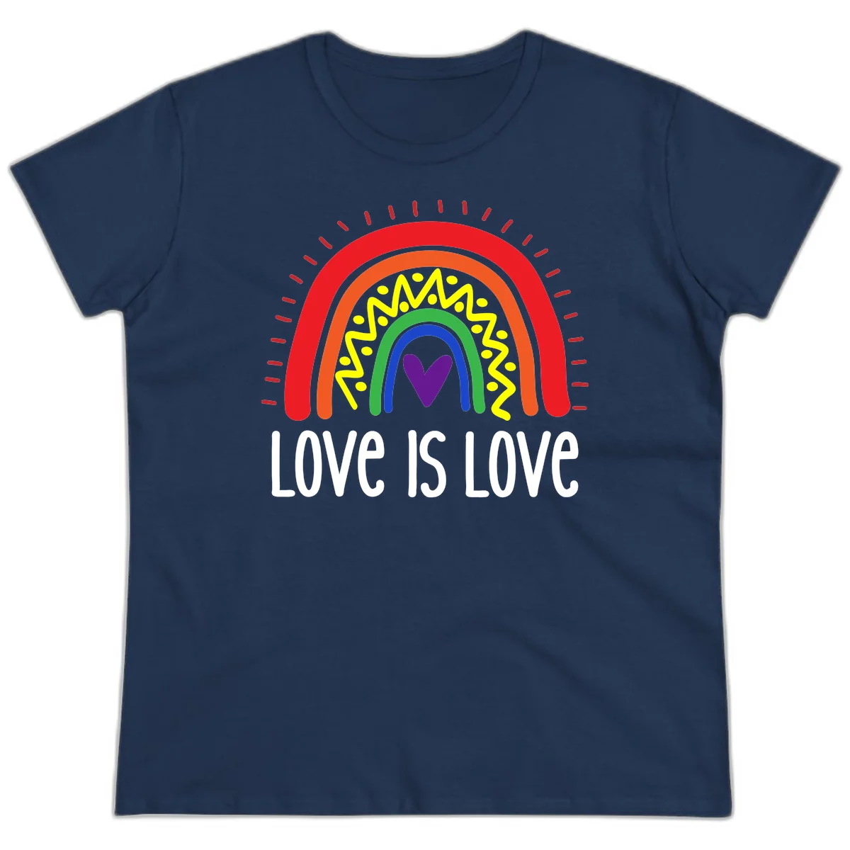 Colorful concentric rainbow arcs with purple heart center, yellow lightning and dots, red rays, and 'Love Is Love' text in Navy