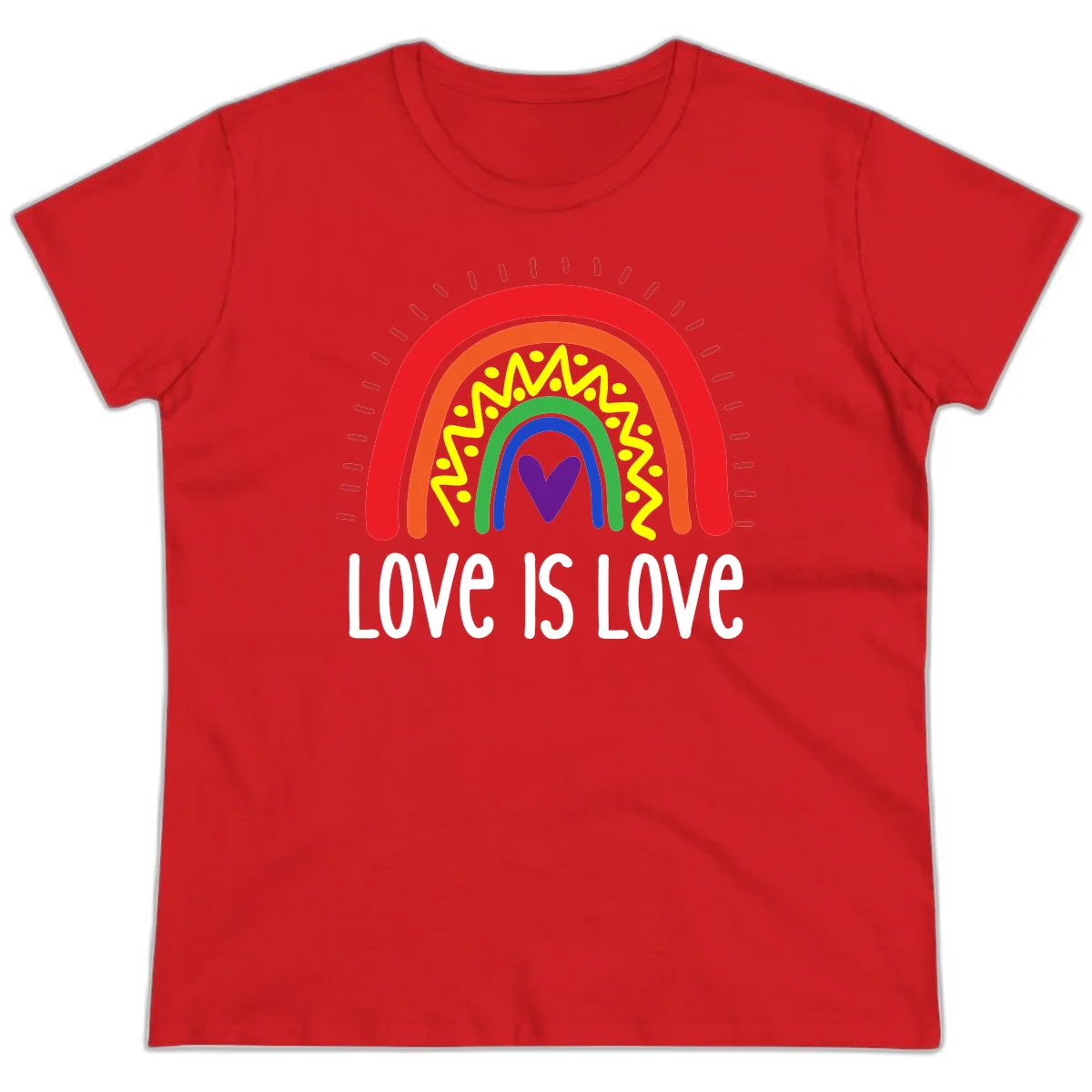 Colorful concentric rainbow arcs with purple heart center, yellow lightning and dots, red rays, and 'Love Is Love' text in Red