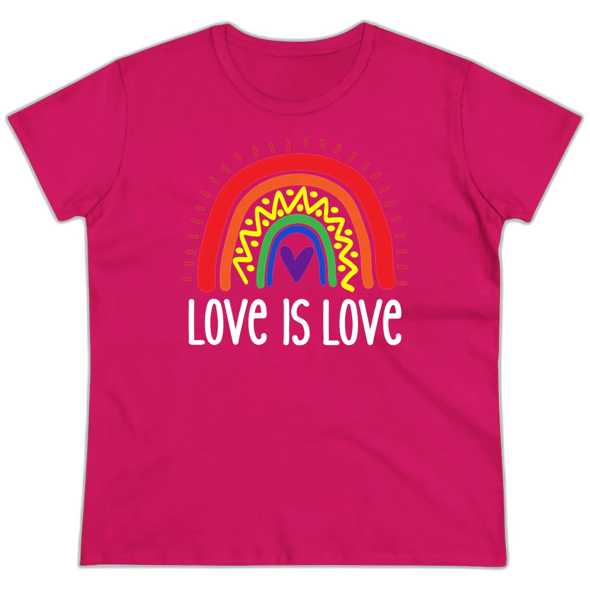 Colorful concentric rainbow arcs with purple heart center, yellow lightning and dots, red rays, and 'Love Is Love' text in Heliconia
