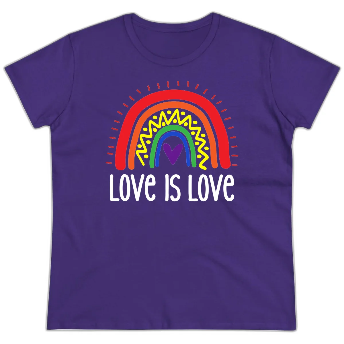 Colorful concentric rainbow arcs with purple heart center, yellow lightning and dots, red rays, and 'Love Is Love' text in Purple