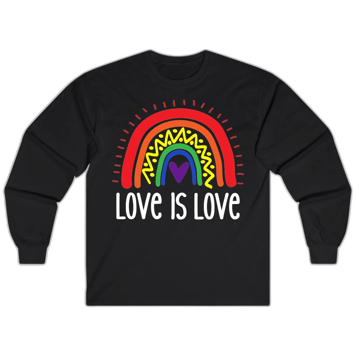 Colorful concentric rainbow arcs with purple heart center, yellow lightning and dots, red rays, and 'Love Is Love' text in Black