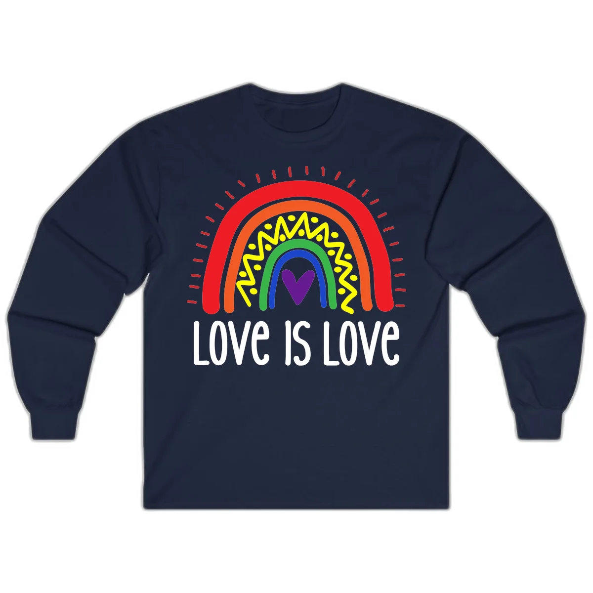 Colorful concentric rainbow arcs with purple heart center, yellow lightning and dots, red rays, and 'Love Is Love' text in Navy