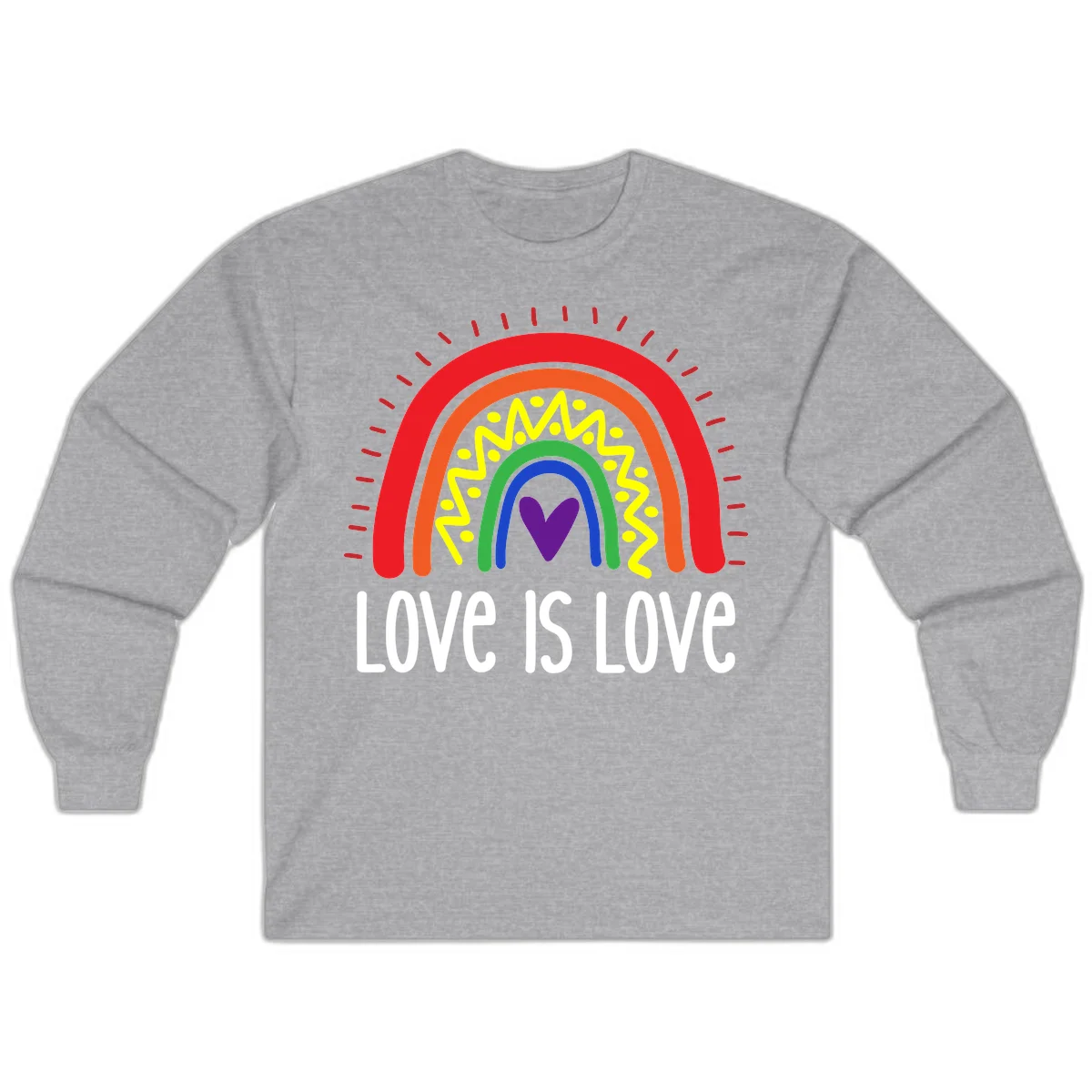 Colorful concentric rainbow arcs with purple heart center, yellow lightning and dots, red rays, and 'Love Is Love' text in Sport Grey