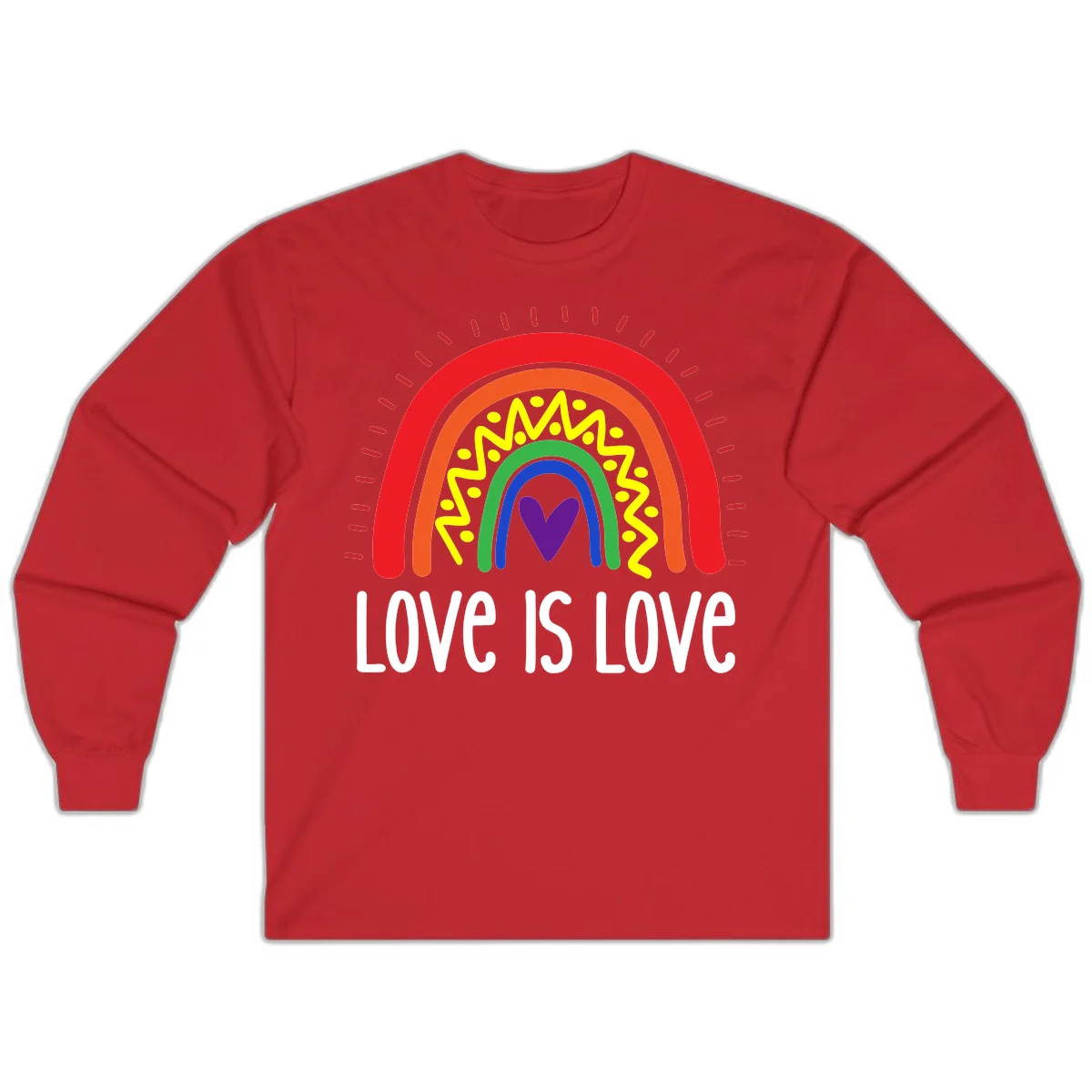 Colorful concentric rainbow arcs with purple heart center, yellow lightning and dots, red rays, and 'Love Is Love' text in Red