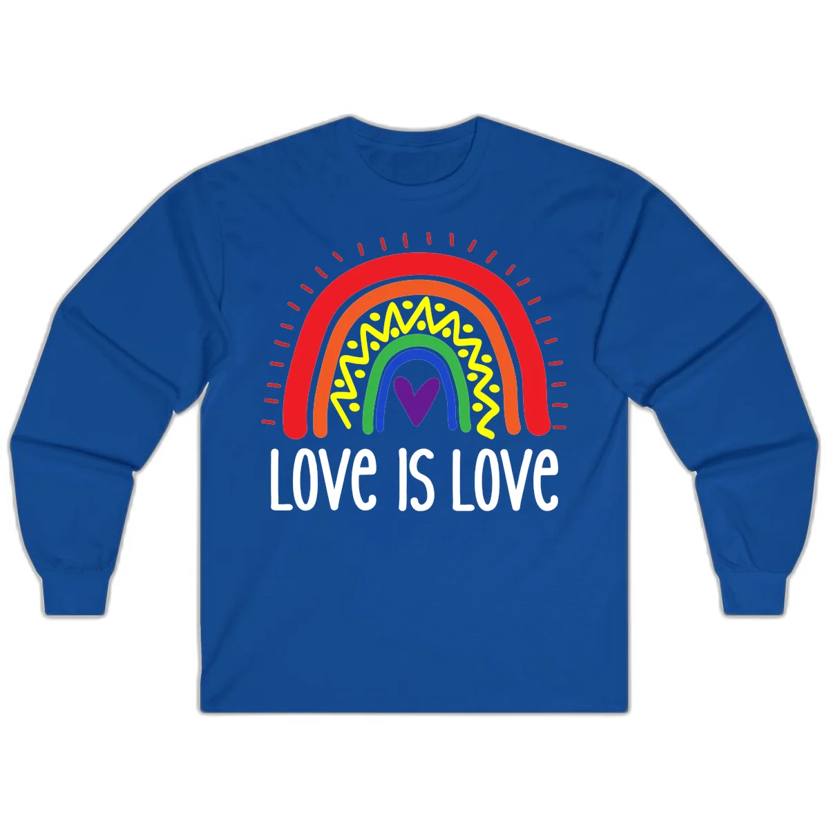 Colorful concentric rainbow arcs with purple heart center, yellow lightning and dots, red rays, and 'Love Is Love' text in Royal