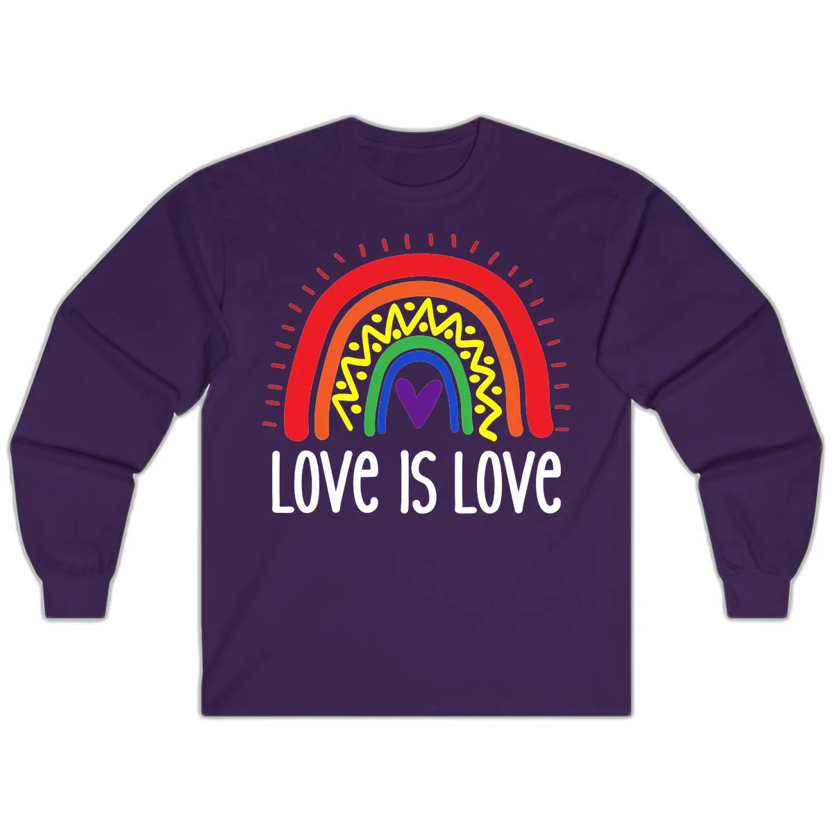 Colorful concentric rainbow arcs with purple heart center, yellow lightning and dots, red rays, and 'Love Is Love' text in Purple