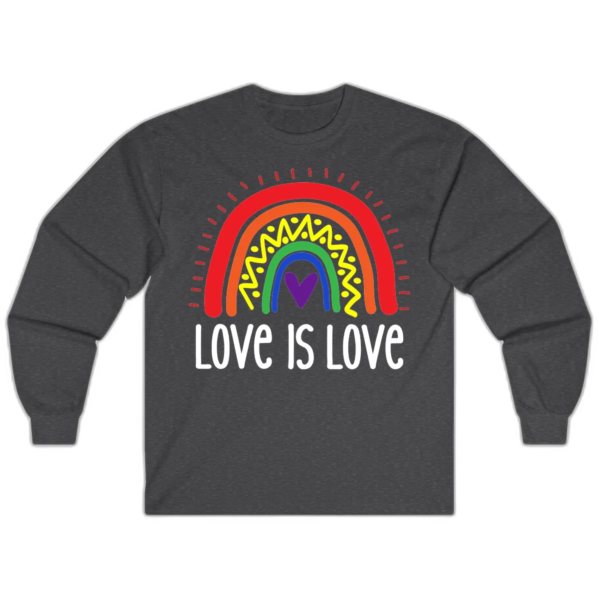 Colorful concentric rainbow arcs with purple heart center, yellow lightning and dots, red rays, and 'Love Is Love' text in Dark Heather