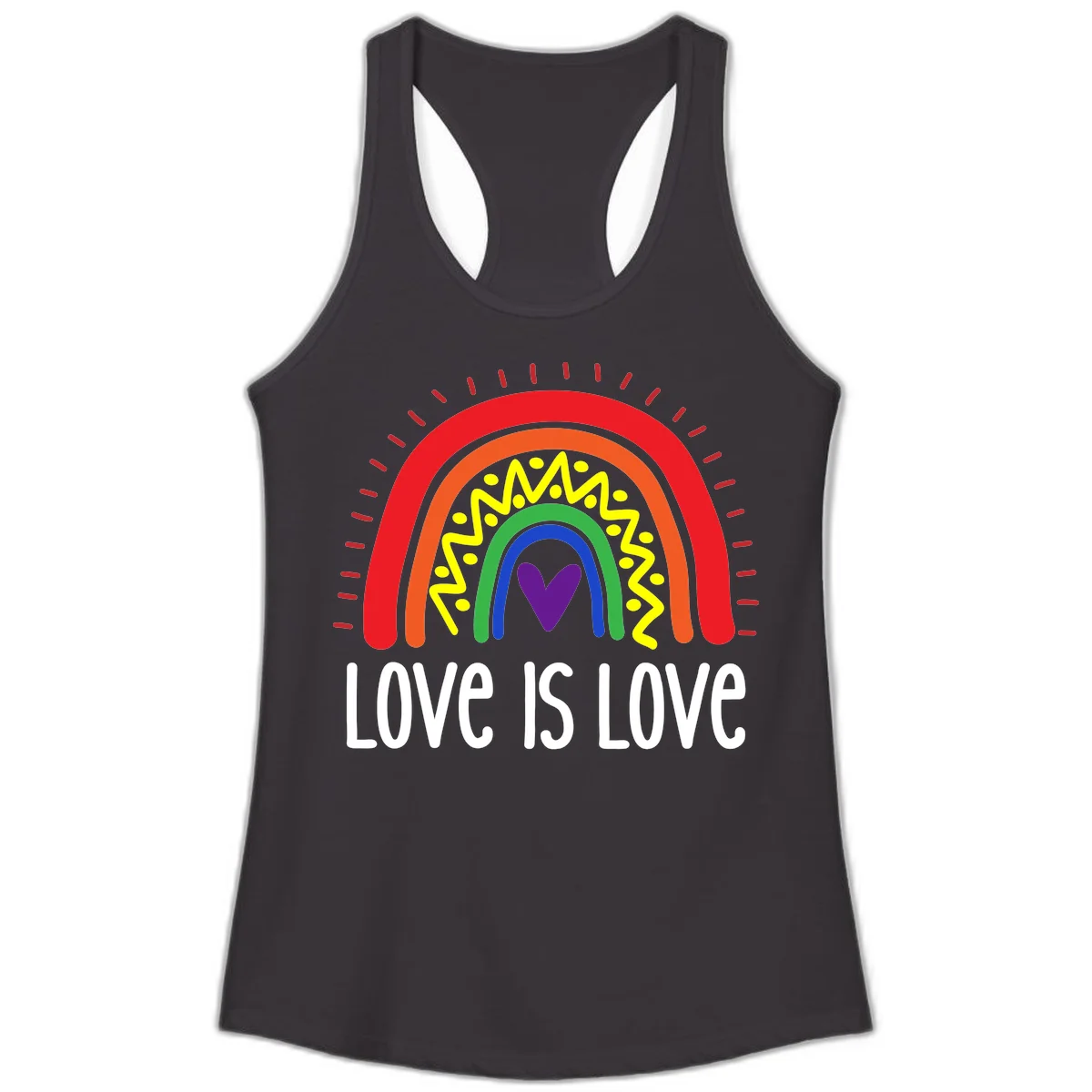 Colorful concentric rainbow arcs with purple heart center, yellow lightning and dots, red rays, and 'Love Is Love' text in Black