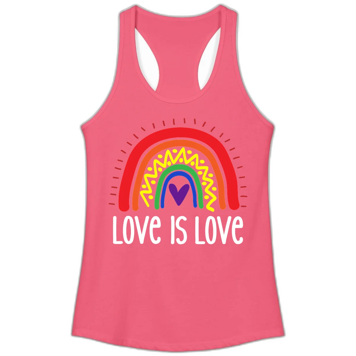 Colorful concentric rainbow arcs with purple heart center, yellow lightning and dots, red rays, and 'Love Is Love' text in Hot Pink
