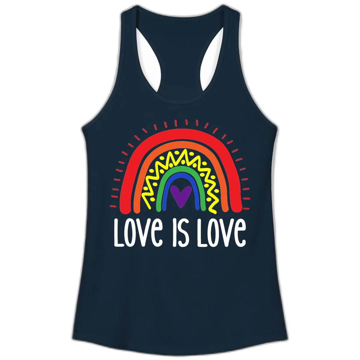 Colorful concentric rainbow arcs with purple heart center, yellow lightning and dots, red rays, and 'Love Is Love' text in Solid Midnight Navy