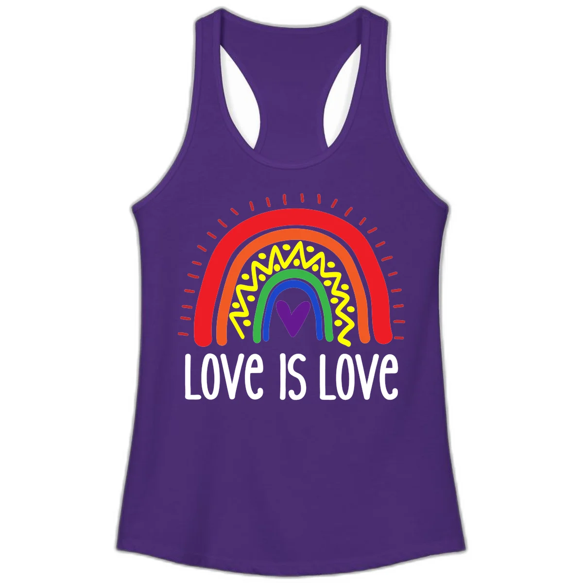 Colorful concentric rainbow arcs with purple heart center, yellow lightning and dots, red rays, and 'Love Is Love' text in Solid Purple Rush