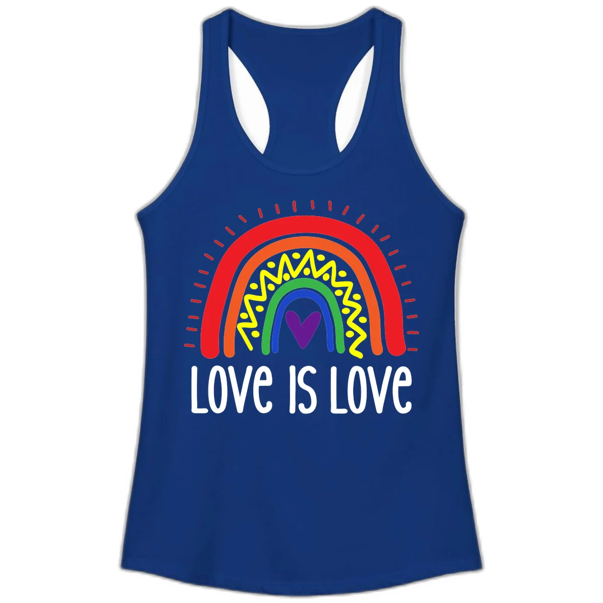 Colorful concentric rainbow arcs with purple heart center, yellow lightning and dots, red rays, and 'Love Is Love' text in Solid Royal