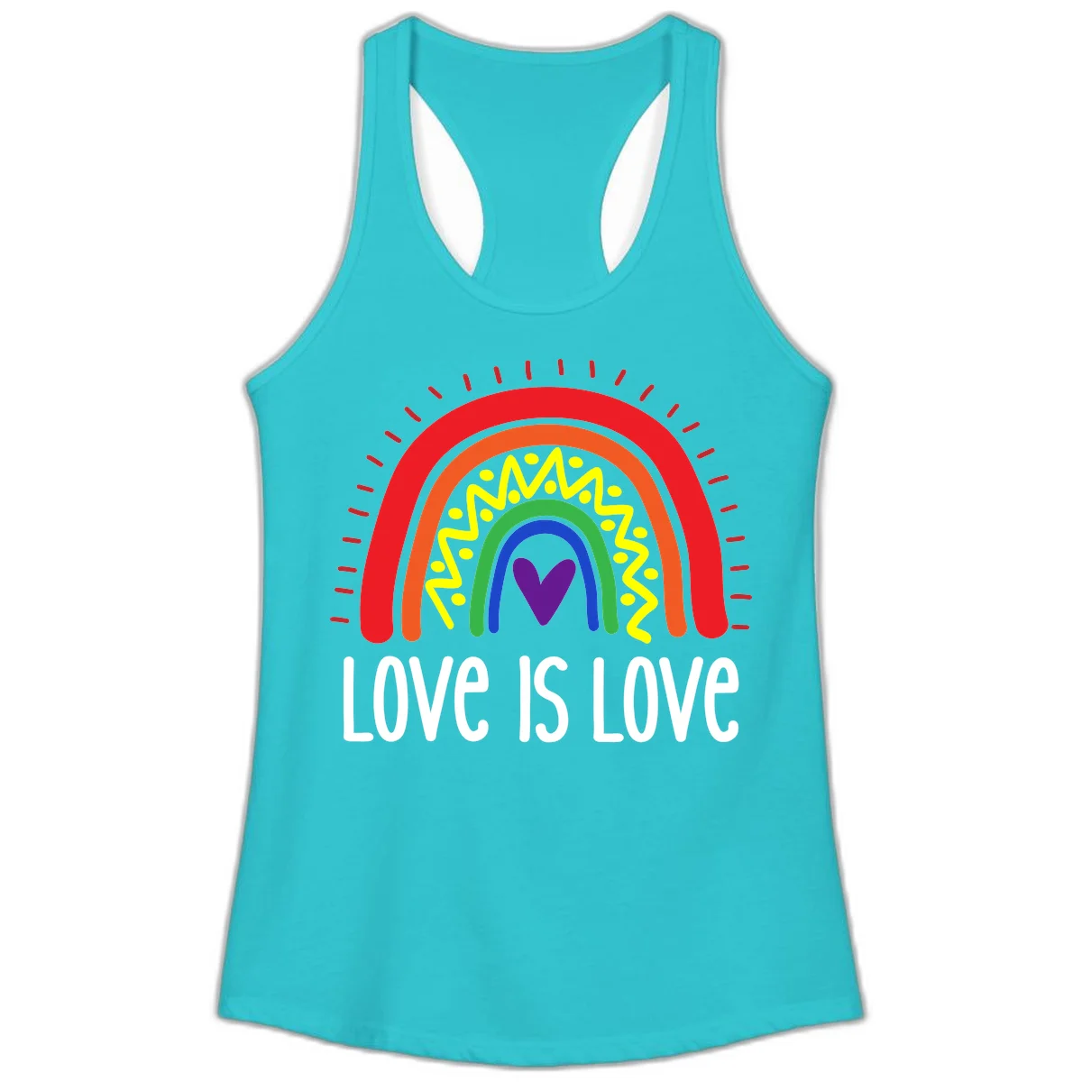 Colorful concentric rainbow arcs with purple heart center, yellow lightning and dots, red rays, and 'Love Is Love' text in Solid Tahiti Blue