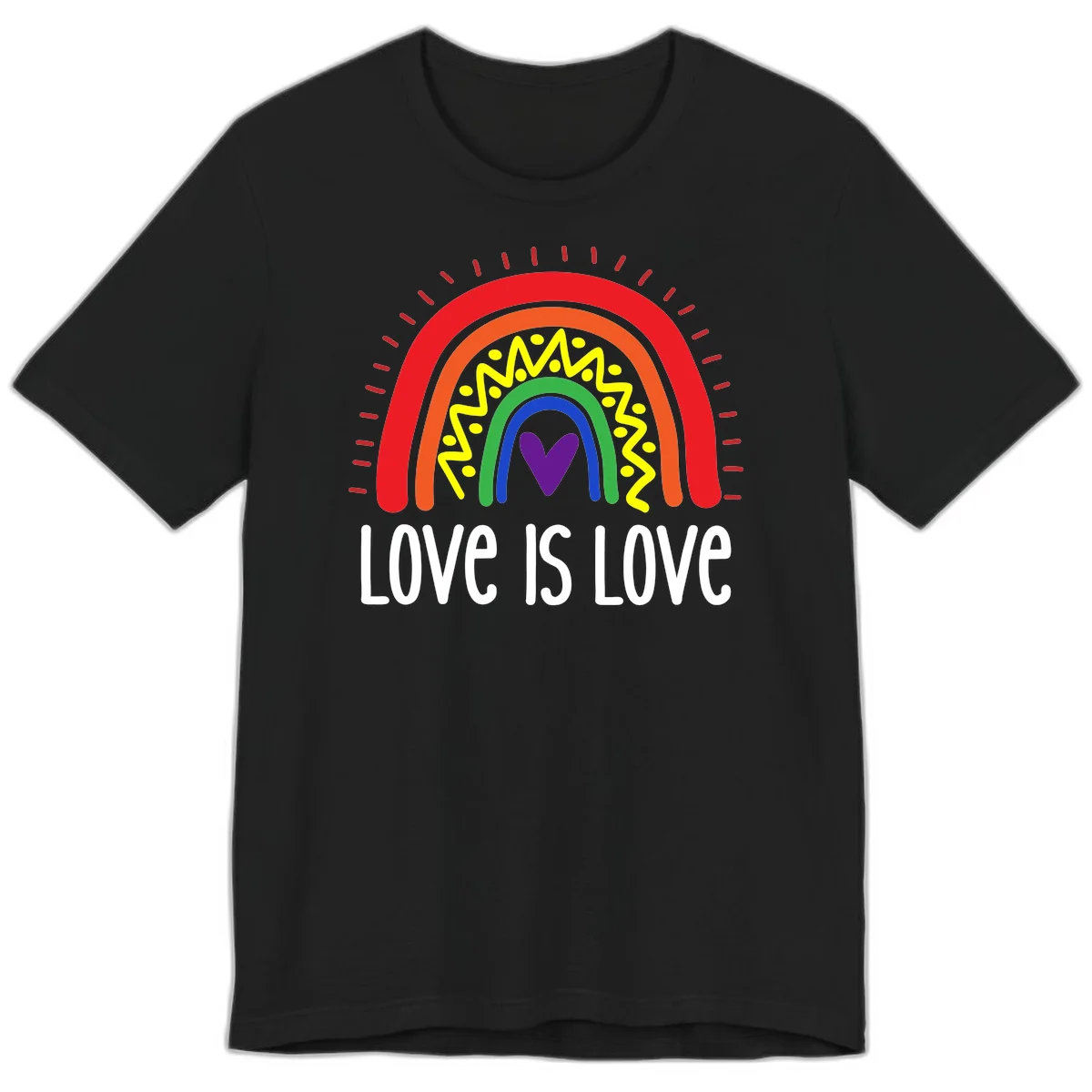 Colorful concentric rainbow arcs with purple heart center, yellow lightning and dots, red rays, and 'Love Is Love' text in Black