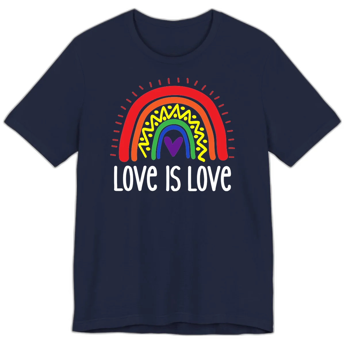 Colorful concentric rainbow arcs with purple heart center, yellow lightning and dots, red rays, and 'Love Is Love' text in Navy