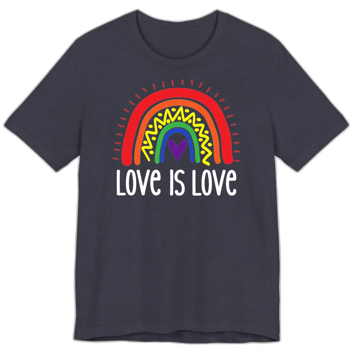 Colorful concentric rainbow arcs with purple heart center, yellow lightning and dots, red rays, and 'Love Is Love' text in Heather Midnight Navy