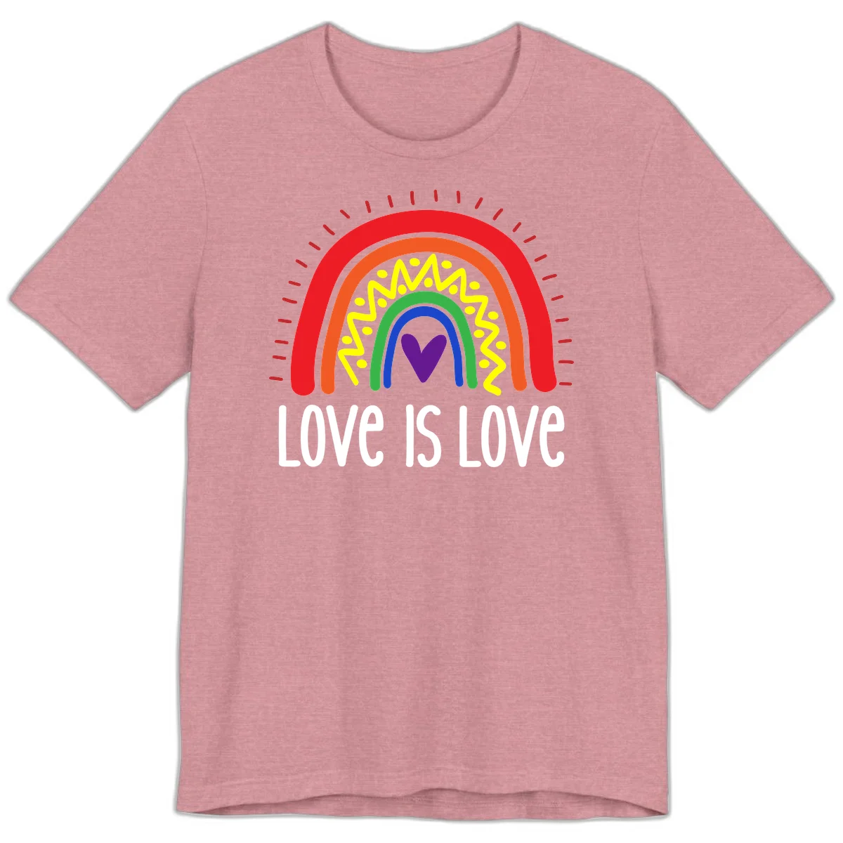 Colorful concentric rainbow arcs with purple heart center, yellow lightning and dots, red rays, and 'Love Is Love' text in Heather Orchid