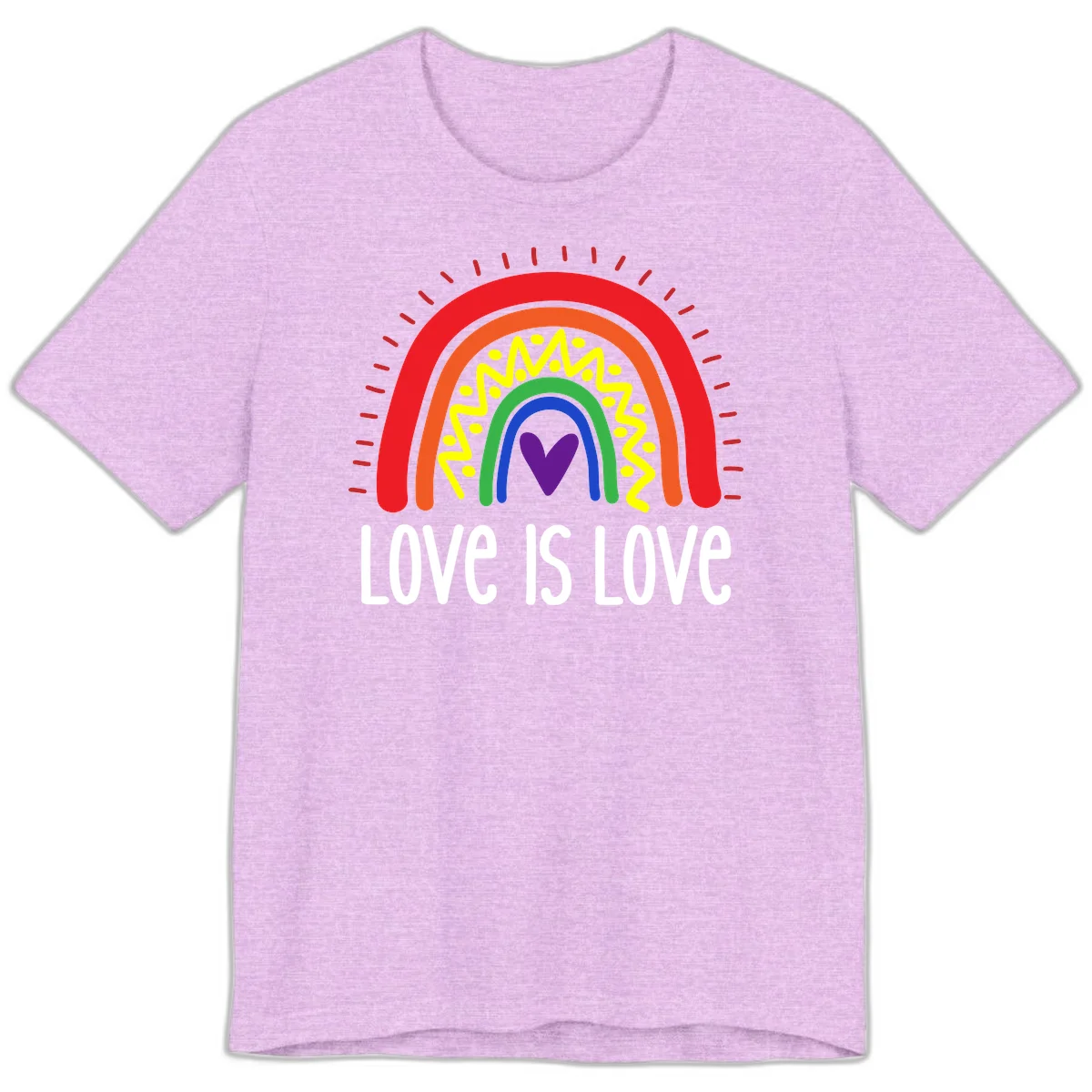 Colorful concentric rainbow arcs with purple heart center, yellow lightning and dots, red rays, and 'Love Is Love' text in Heather Prism Lilac