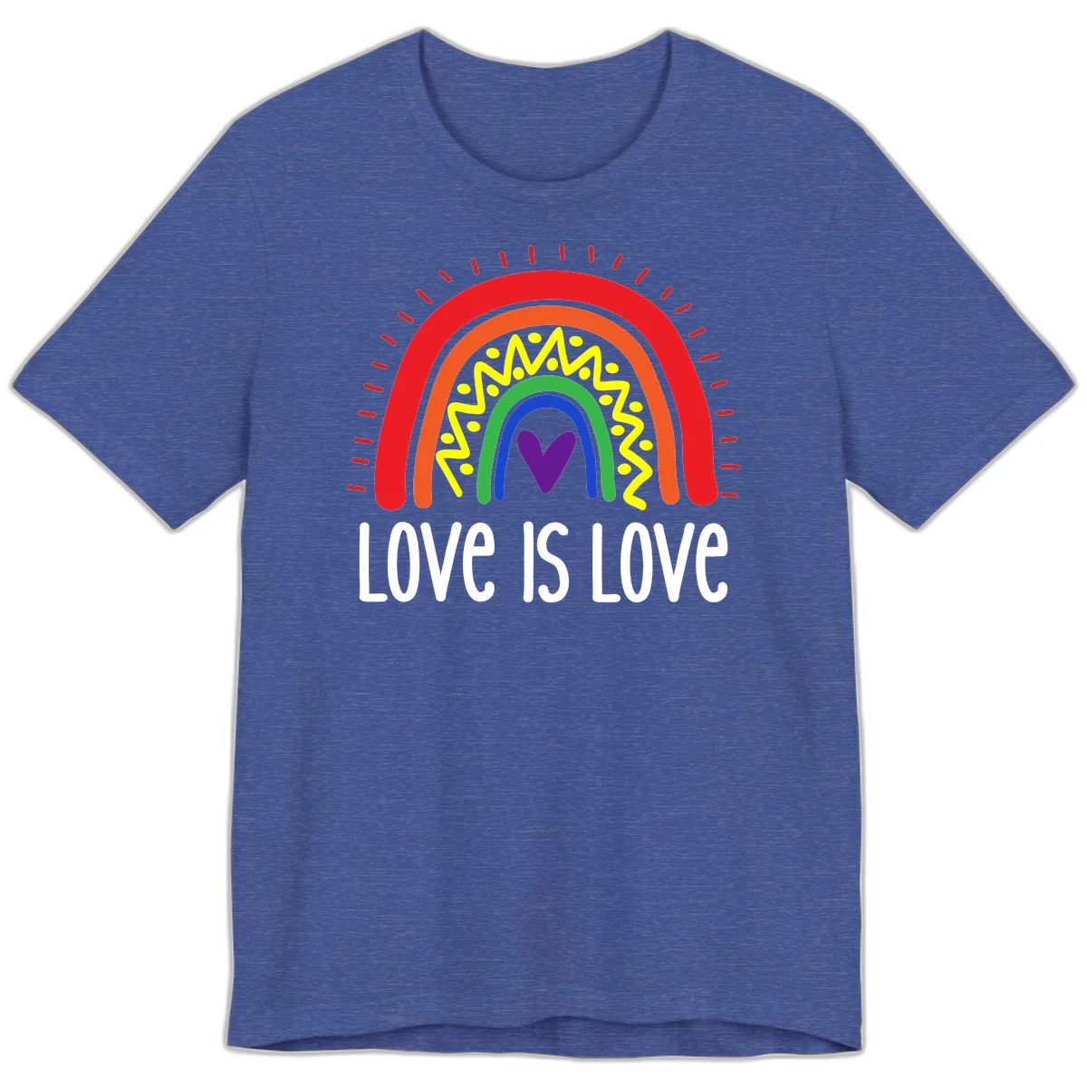 Colorful concentric rainbow arcs with purple heart center, yellow lightning and dots, red rays, and 'Love Is Love' text in Heather True Royal