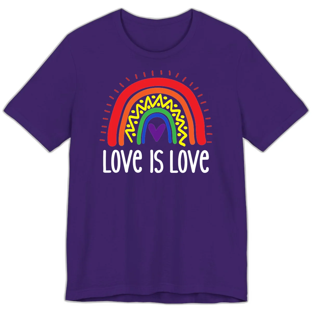 Colorful concentric rainbow arcs with purple heart center, yellow lightning and dots, red rays, and 'Love Is Love' text in Team Purple