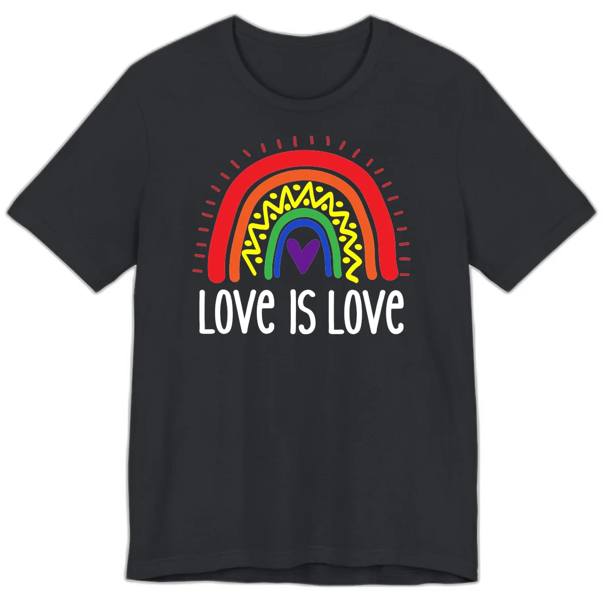 Colorful concentric rainbow arcs with purple heart center, yellow lightning and dots, red rays, and 'Love Is Love' text in Vintage Black