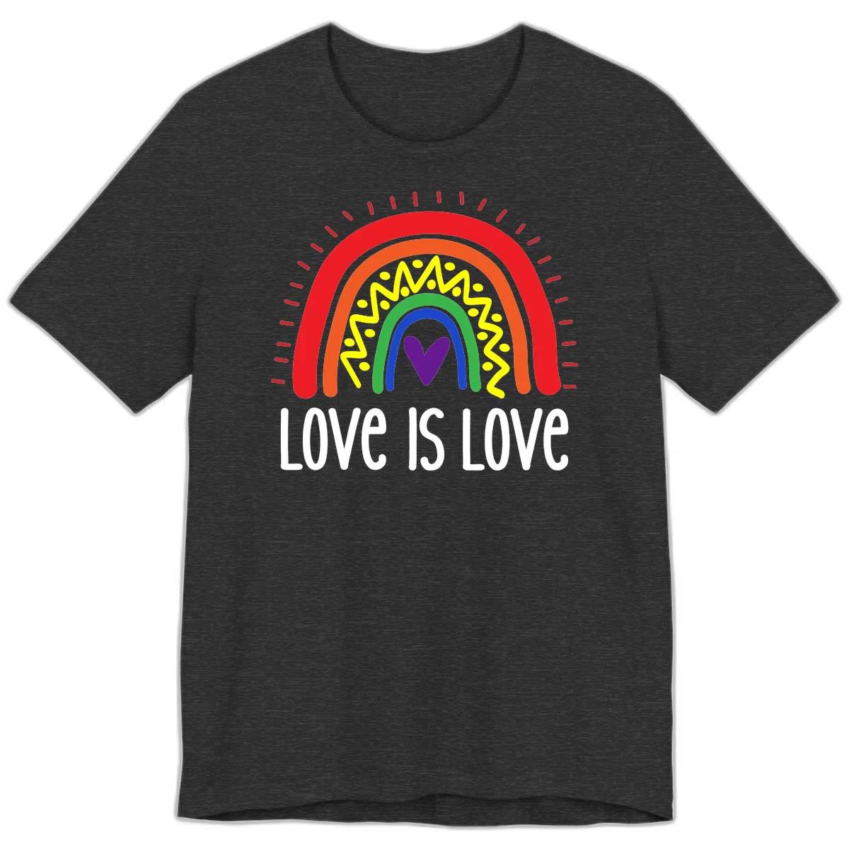 Colorful concentric rainbow arcs with purple heart center, yellow lightning and dots, red rays, and 'Love Is Love' text in Dark Grey Heather