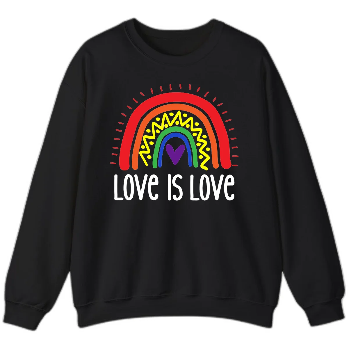 Colorful concentric rainbow arcs with purple heart center, yellow lightning and dots, red rays, and 'Love Is Love' text in Black