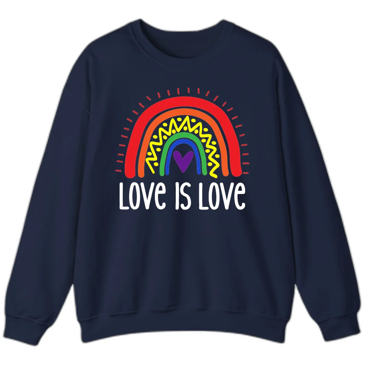 Colorful concentric rainbow arcs with purple heart center, yellow lightning and dots, red rays, and 'Love Is Love' text in Navy