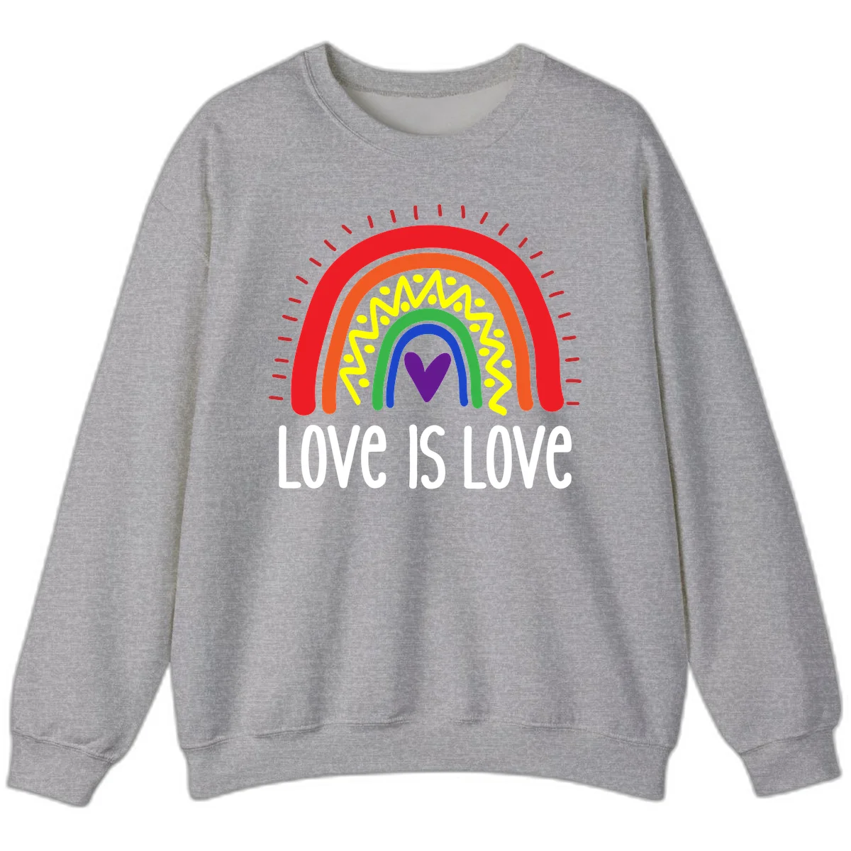 Colorful concentric rainbow arcs with purple heart center, yellow lightning and dots, red rays, and 'Love Is Love' text in Sport Grey