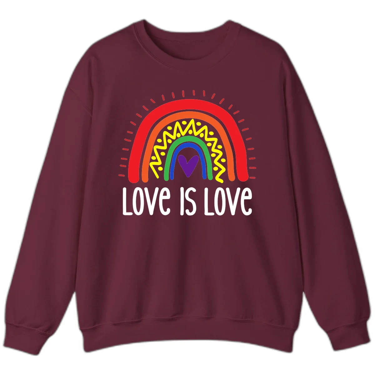 Colorful concentric rainbow arcs with purple heart center, yellow lightning and dots, red rays, and 'Love Is Love' text in Maroon