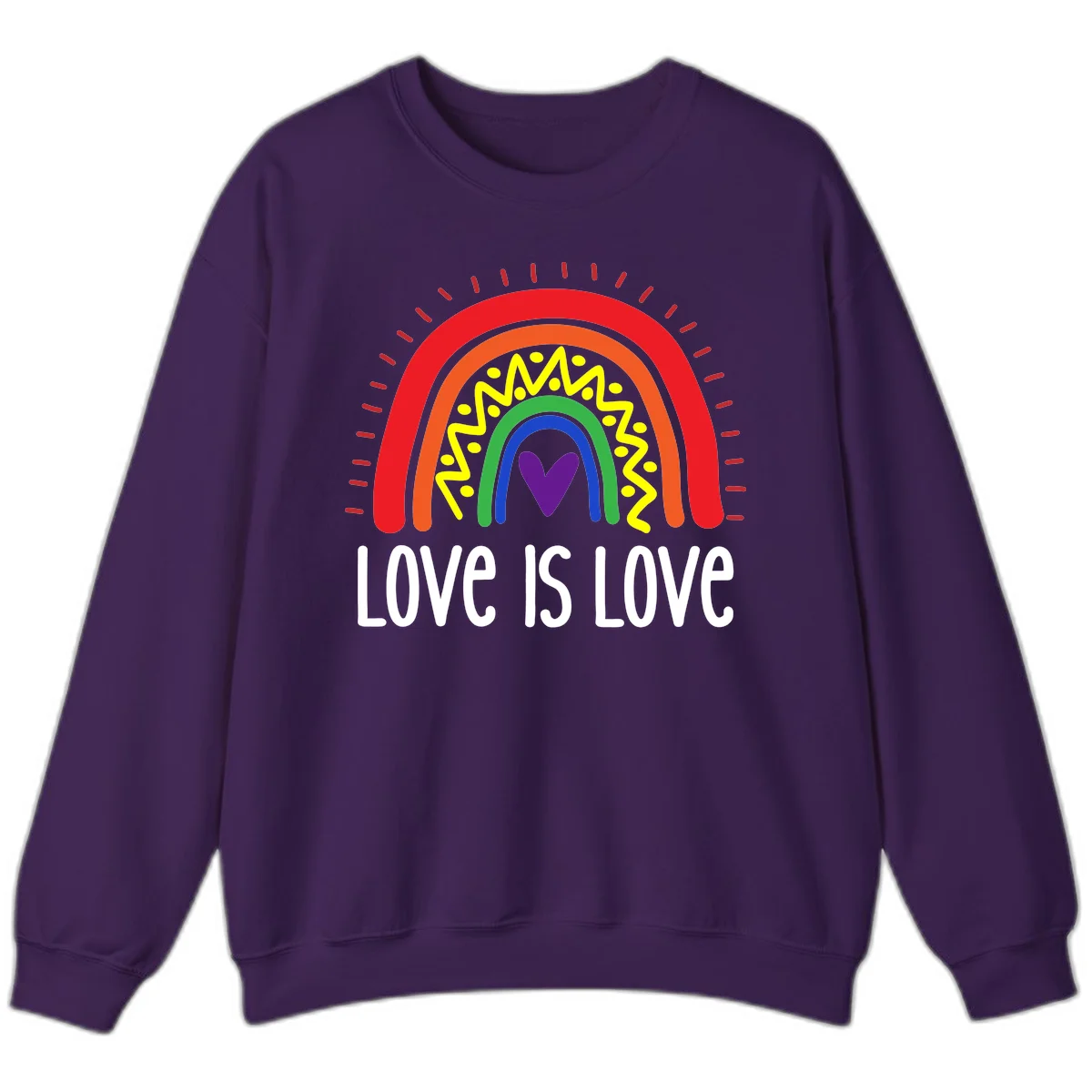 Colorful concentric rainbow arcs with purple heart center, yellow lightning and dots, red rays, and 'Love Is Love' text in Purple