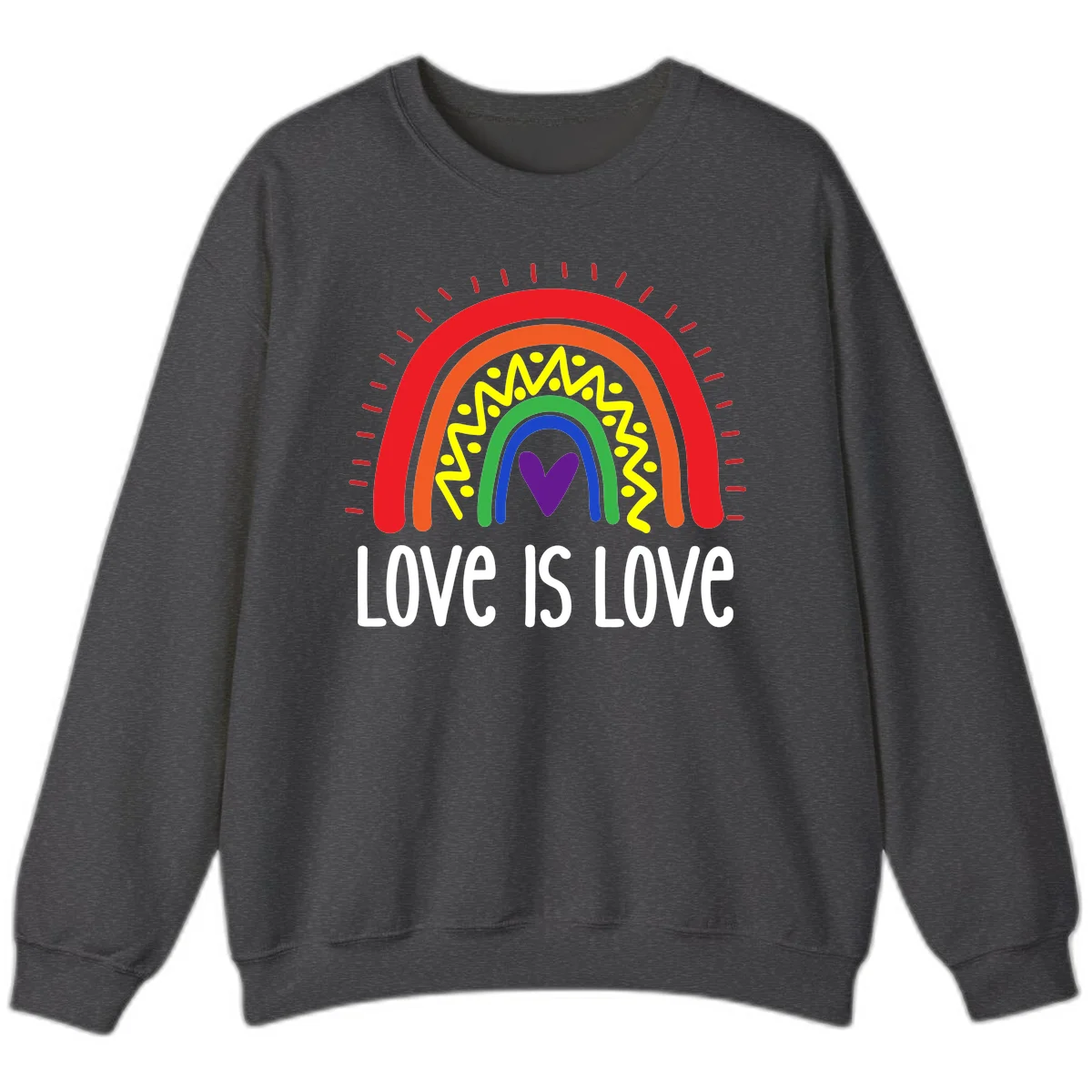 Colorful concentric rainbow arcs with purple heart center, yellow lightning and dots, red rays, and 'Love Is Love' text in Dark Heather