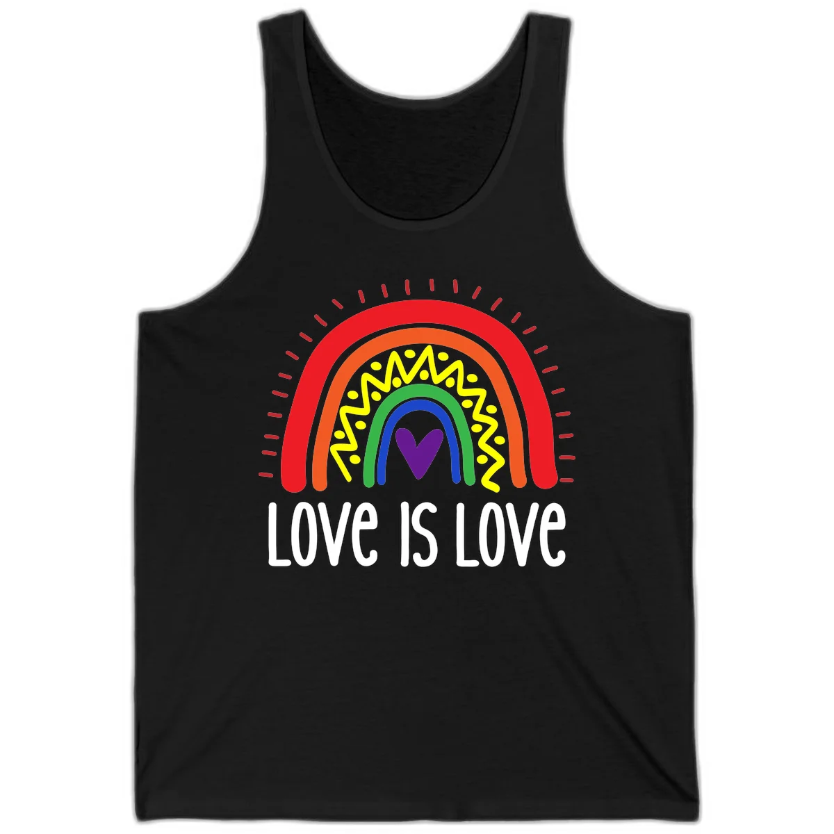 Colorful concentric rainbow arcs with purple heart center, yellow lightning and dots, red rays, and 'Love Is Love' text in Black