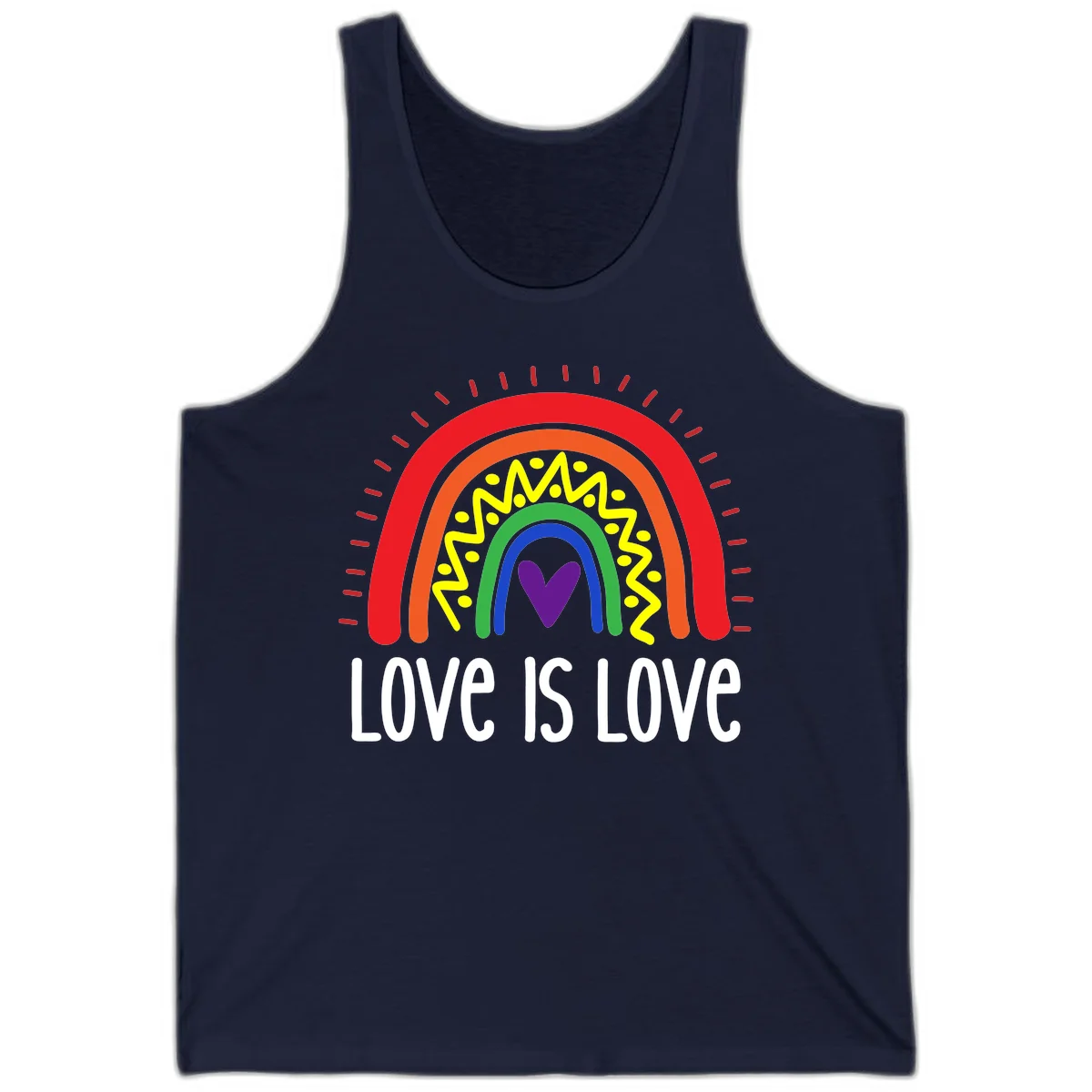 Colorful concentric rainbow arcs with purple heart center, yellow lightning and dots, red rays, and 'Love Is Love' text in Navy