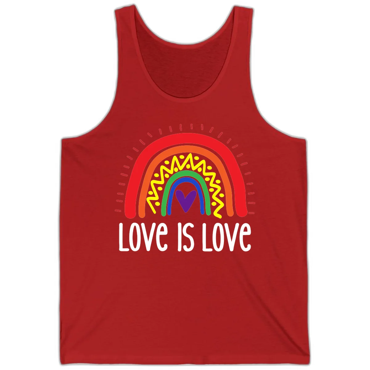 Colorful concentric rainbow arcs with purple heart center, yellow lightning and dots, red rays, and 'Love Is Love' text in Red