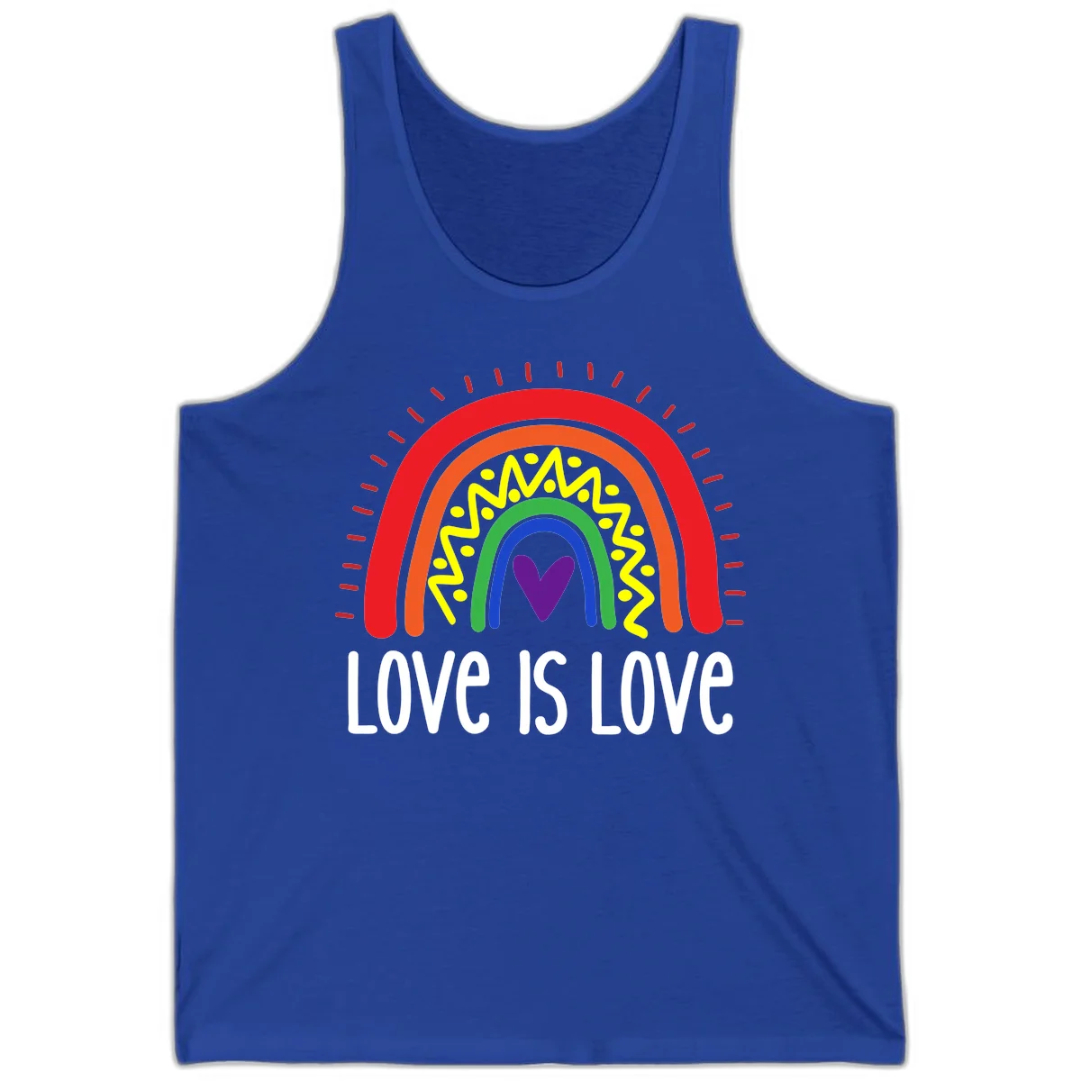 Colorful concentric rainbow arcs with purple heart center, yellow lightning and dots, red rays, and 'Love Is Love' text in True Royal