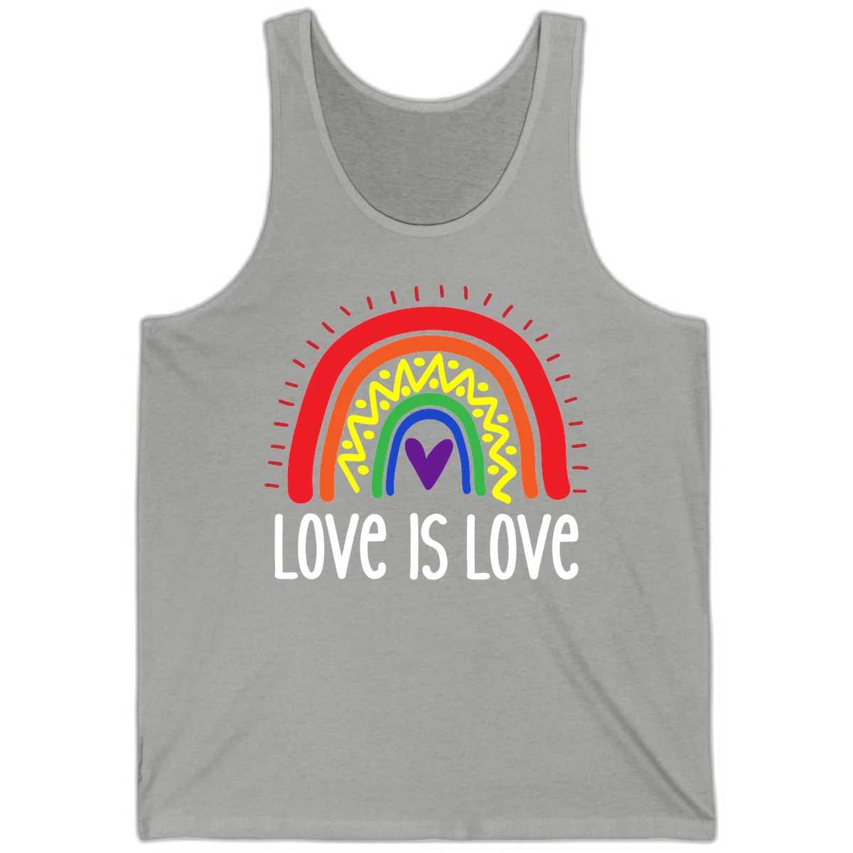 Colorful concentric rainbow arcs with purple heart center, yellow lightning and dots, red rays, and 'Love Is Love' text in Athletic Heather