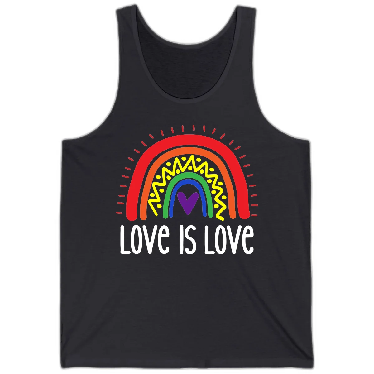 Colorful concentric rainbow arcs with purple heart center, yellow lightning and dots, red rays, and 'Love Is Love' text in Dark Grey