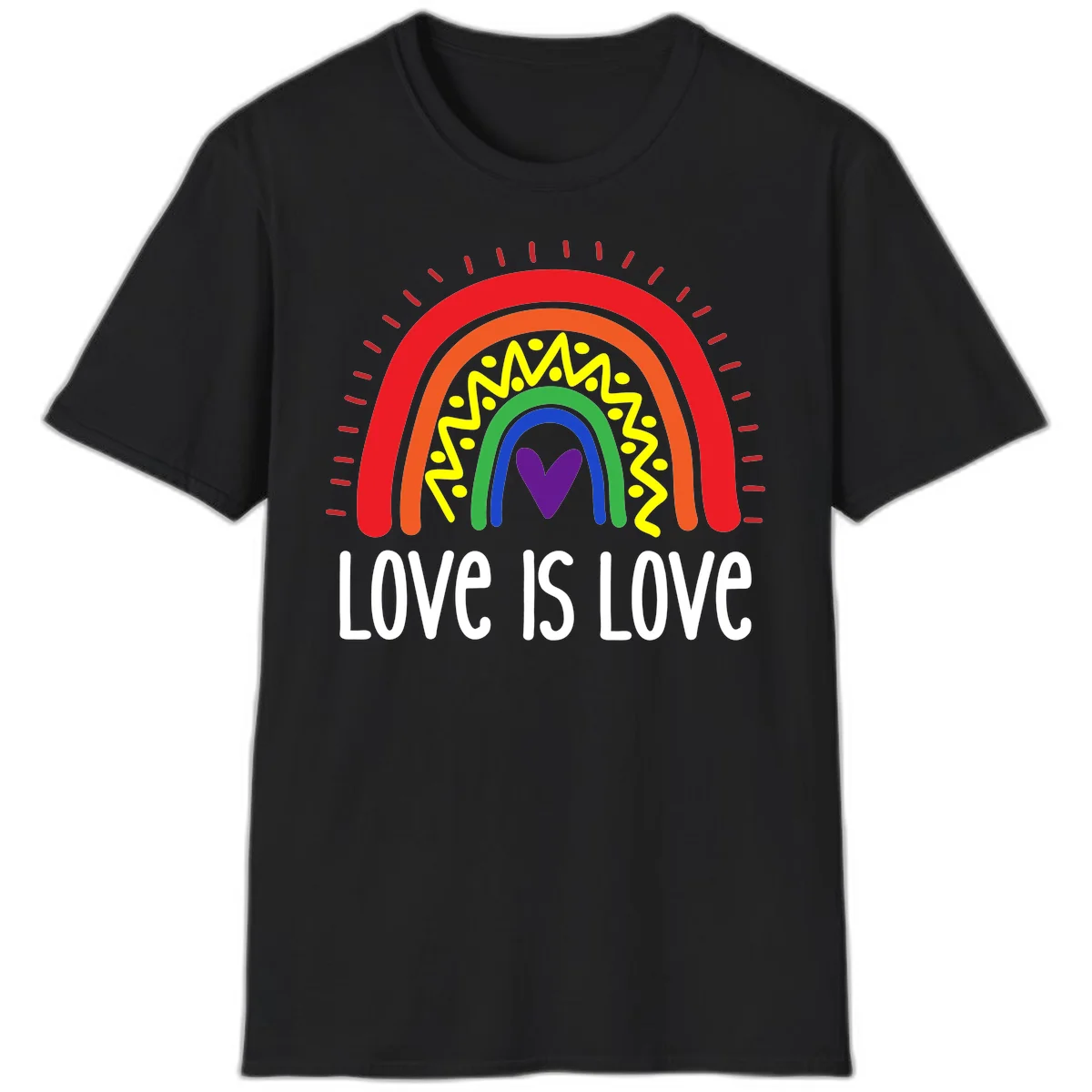 Colorful concentric rainbow arcs with purple heart center, yellow lightning and dots, red rays, and 'Love Is Love' text in Black