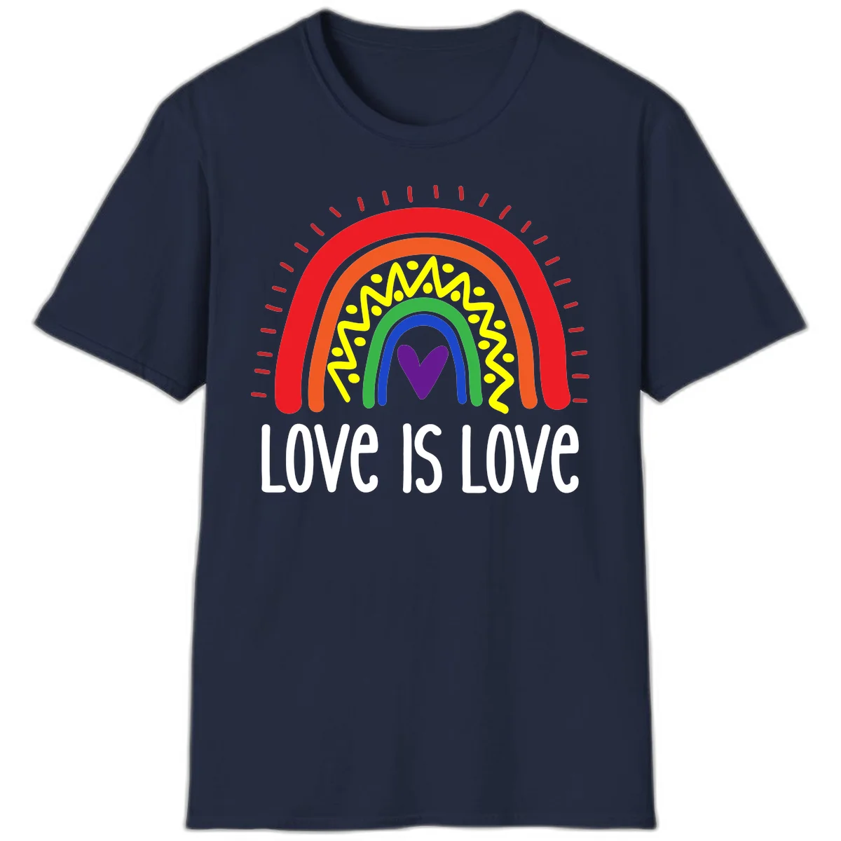 Colorful concentric rainbow arcs with purple heart center, yellow lightning and dots, red rays, and 'Love Is Love' text in Navy