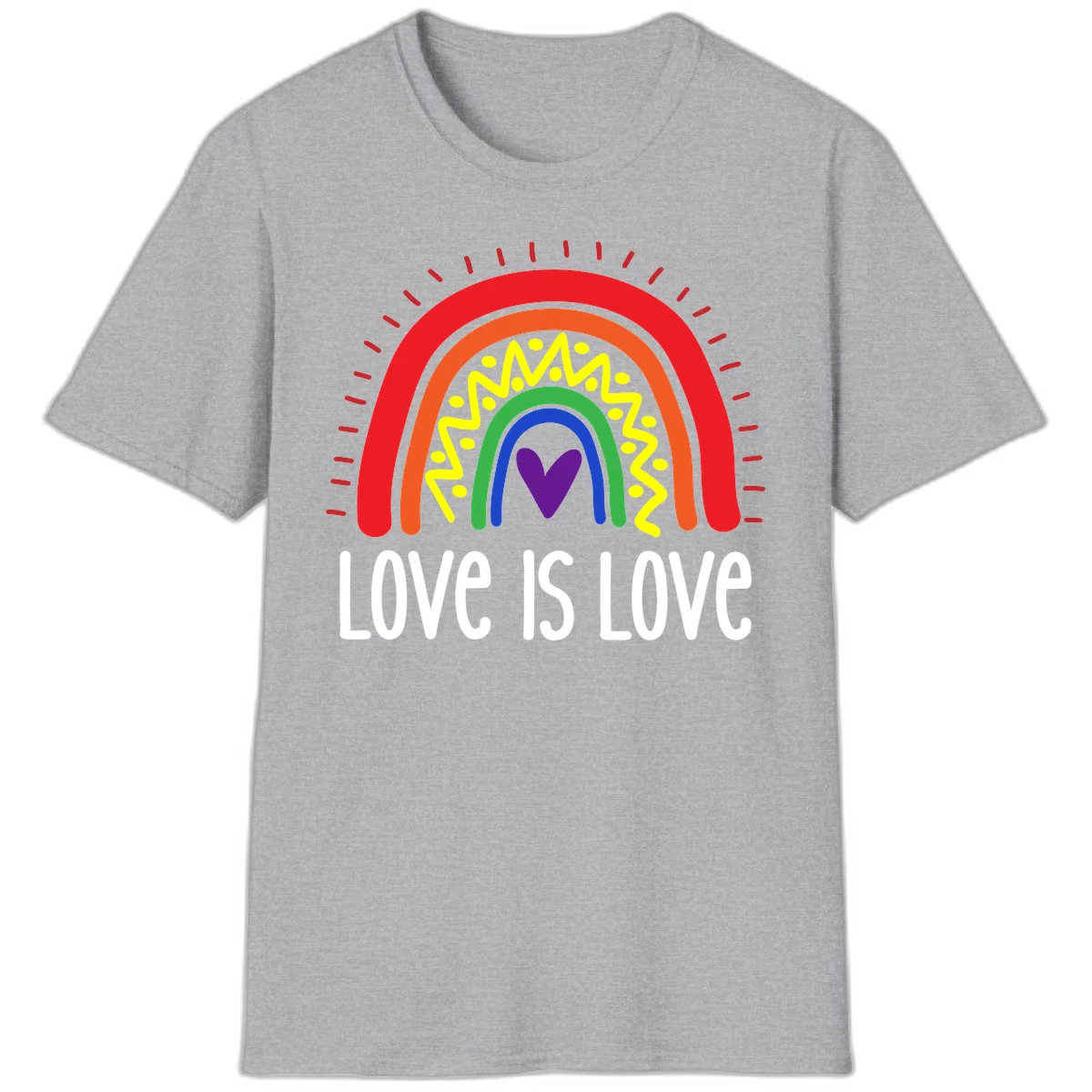 Colorful concentric rainbow arcs with purple heart center, yellow lightning and dots, red rays, and 'Love Is Love' text in Sport Grey