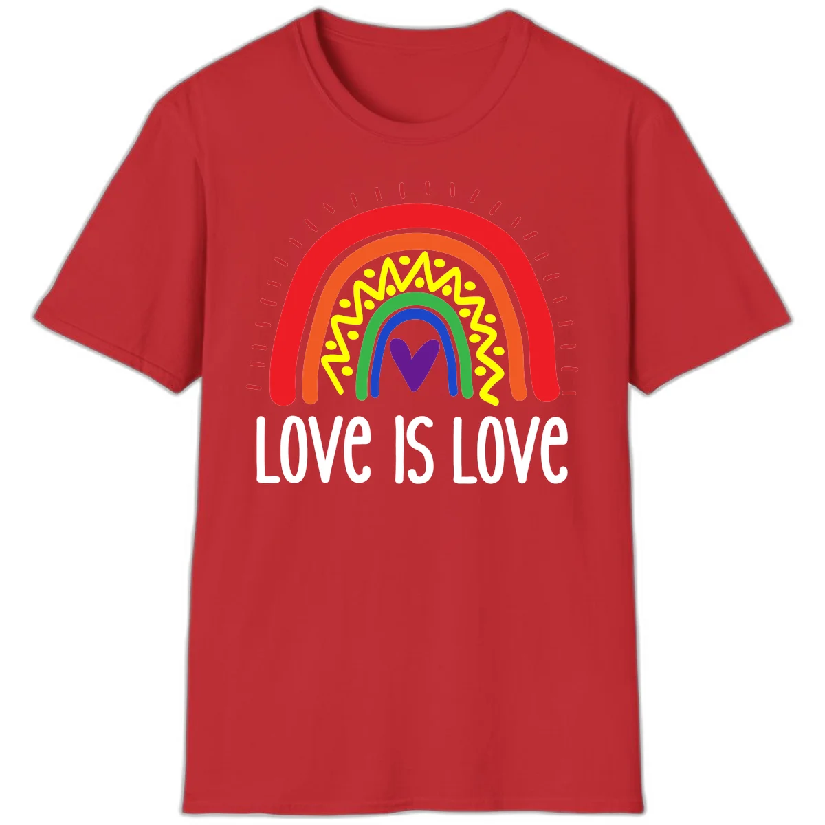 Colorful concentric rainbow arcs with purple heart center, yellow lightning and dots, red rays, and 'Love Is Love' text in Red