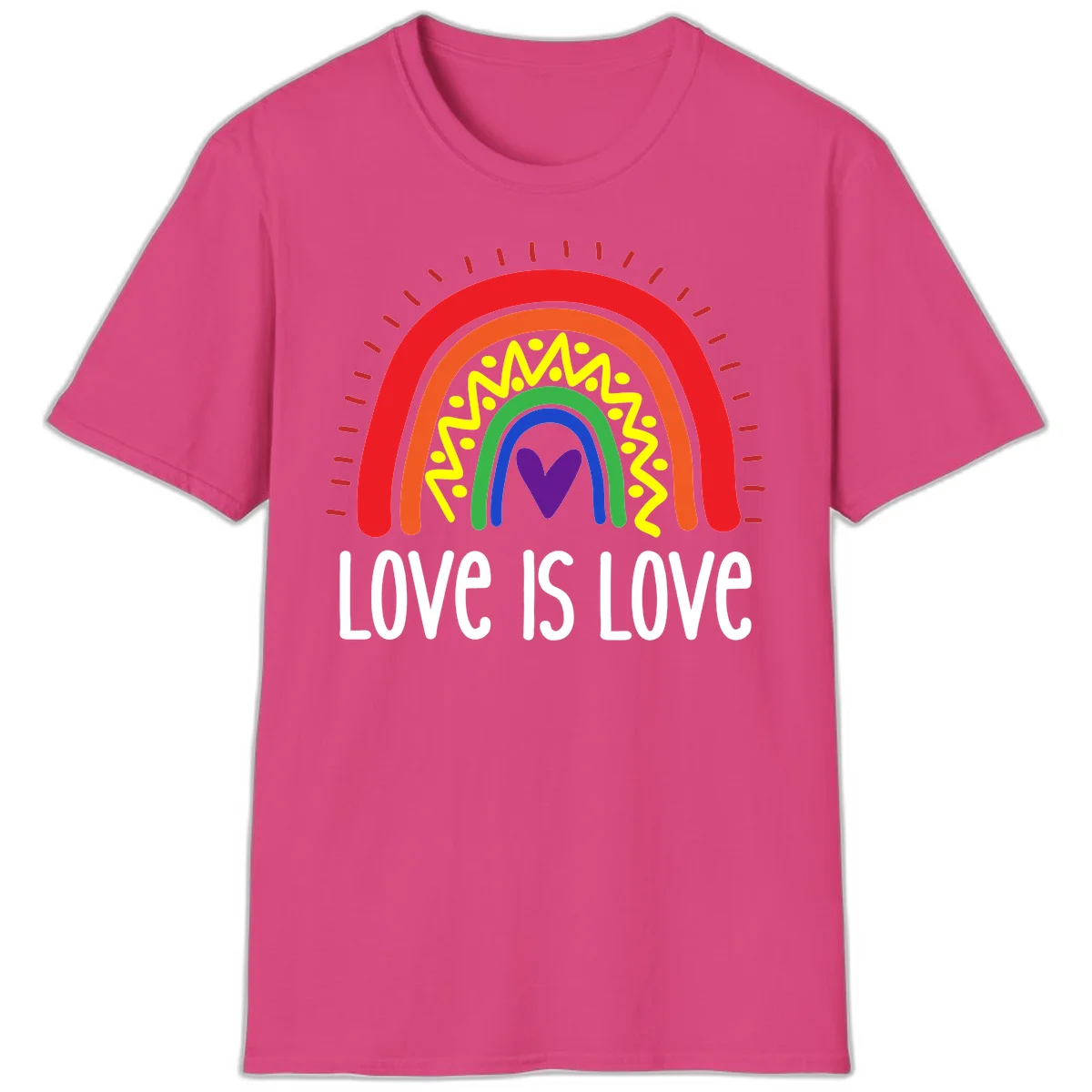 Colorful concentric rainbow arcs with purple heart center, yellow lightning and dots, red rays, and 'Love Is Love' text in Heliconia